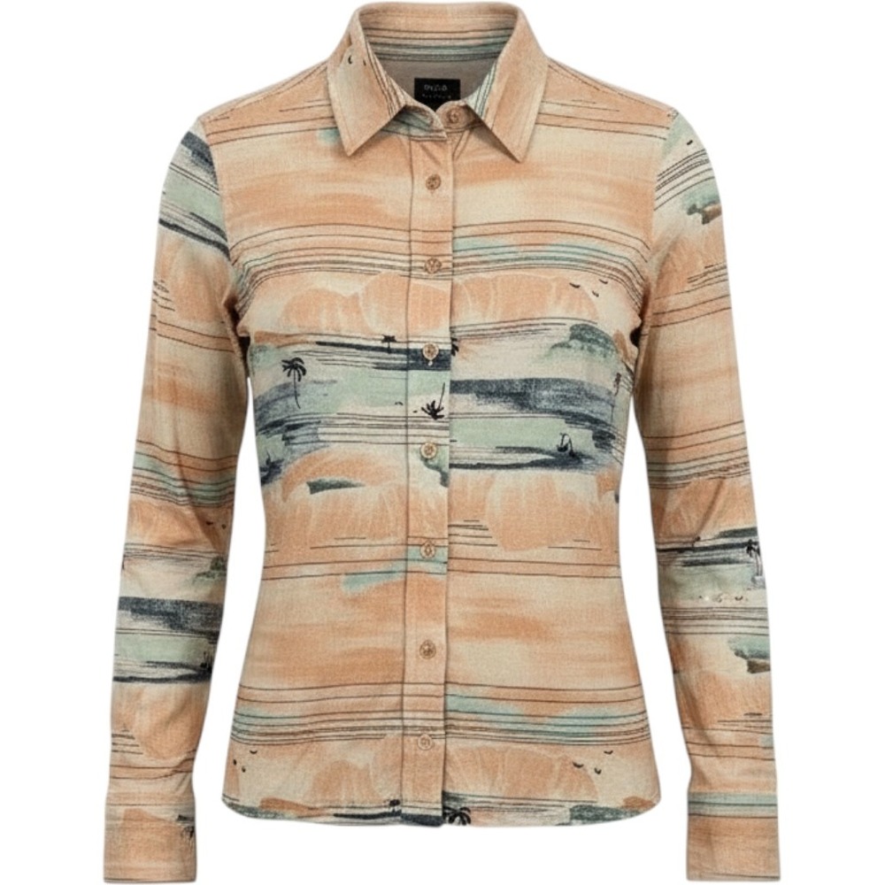 RVCA Button Up Shirt Womens M Orange Scenic Palm Print Coastal Surf Boho NWOT